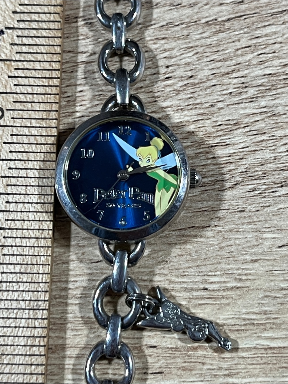 Disney Tinker Bell Silver Tone Blue Dial Charm Bracelet Watch